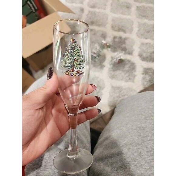 Set of 3 Spode Christmas Tree Champagne Flutes with Gold Rim 8" T - 5.75 oz - Picture 6 of 6